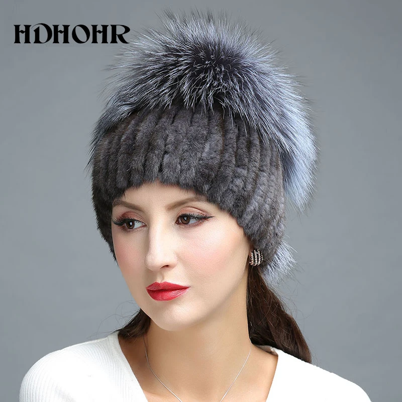 HDHOHR 2023 Fashion Winter Real Fur Hat Women Real Mink Fur Hat With Silver Fox Fur Knitted Beanies New Women Fur Caps