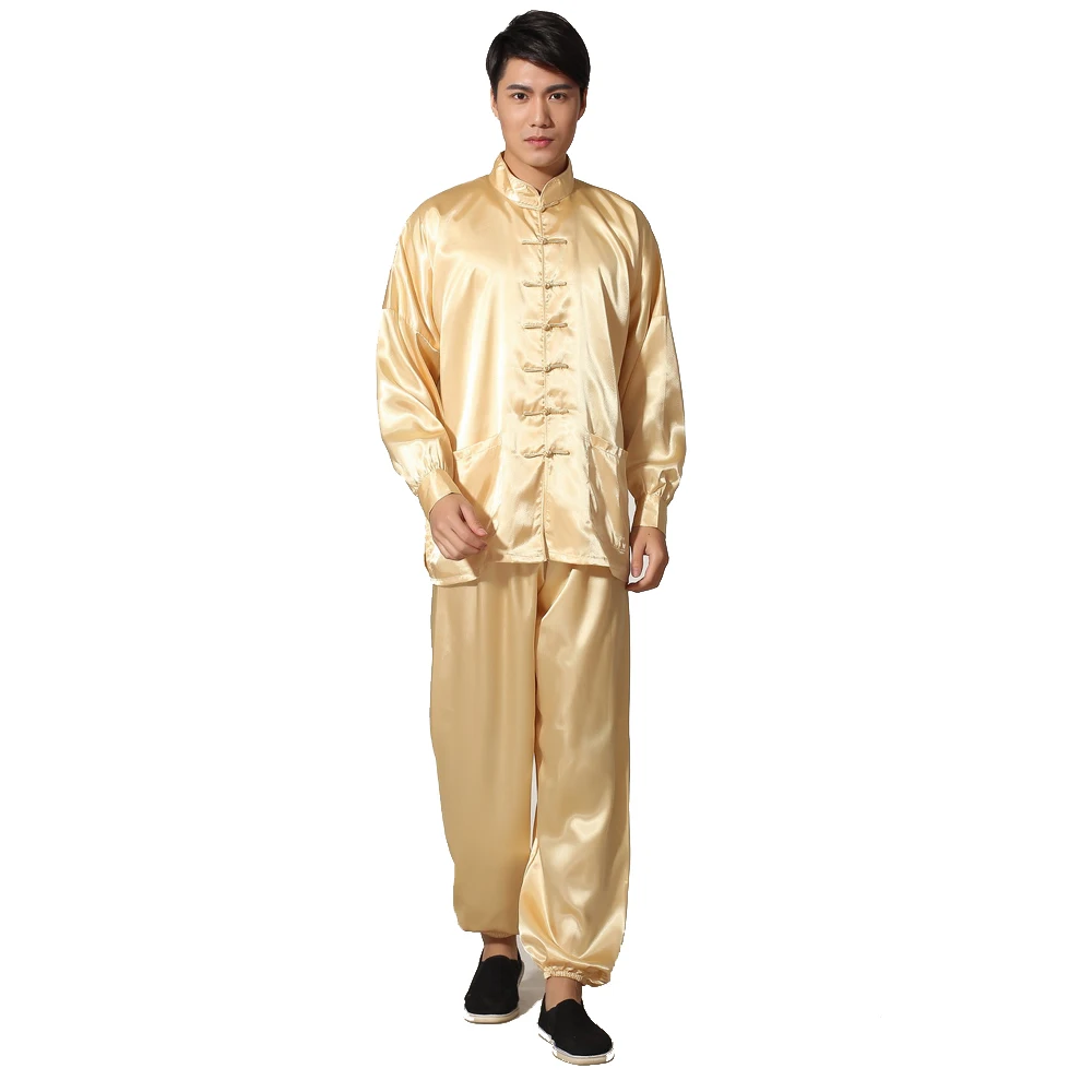 Ensemble de pyjama en satin doré pour hommes, pyjama à boutons de style chinois, vêtements de nuit doux imbibés, chemise et chemise de nuit