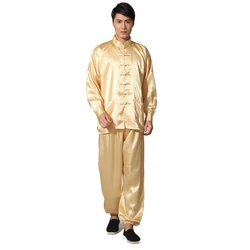 Novelty Gold Men's Satin Pajamas Set Chinese Style Button Pyjamas Suit Soft Sleepwear Shirt&Trousers Nightgown M L XL XXL