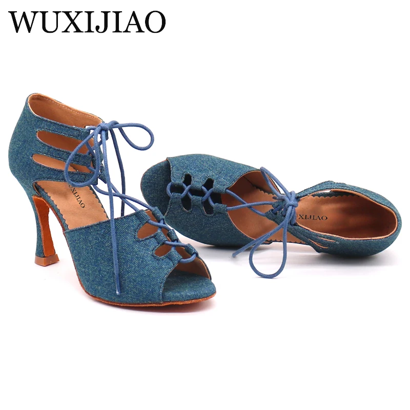 WUXIJIAO-Chaussures de danse latine à lacets en tissu denim pour femme, souliers d\'astronomie souple, pour salle de Rh, fête de samba, 5-10cm,