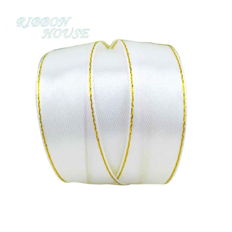 (25 yards/roll) 25mm satin ribbon white gold edge wholesale high quality gift packaging ribbon roll