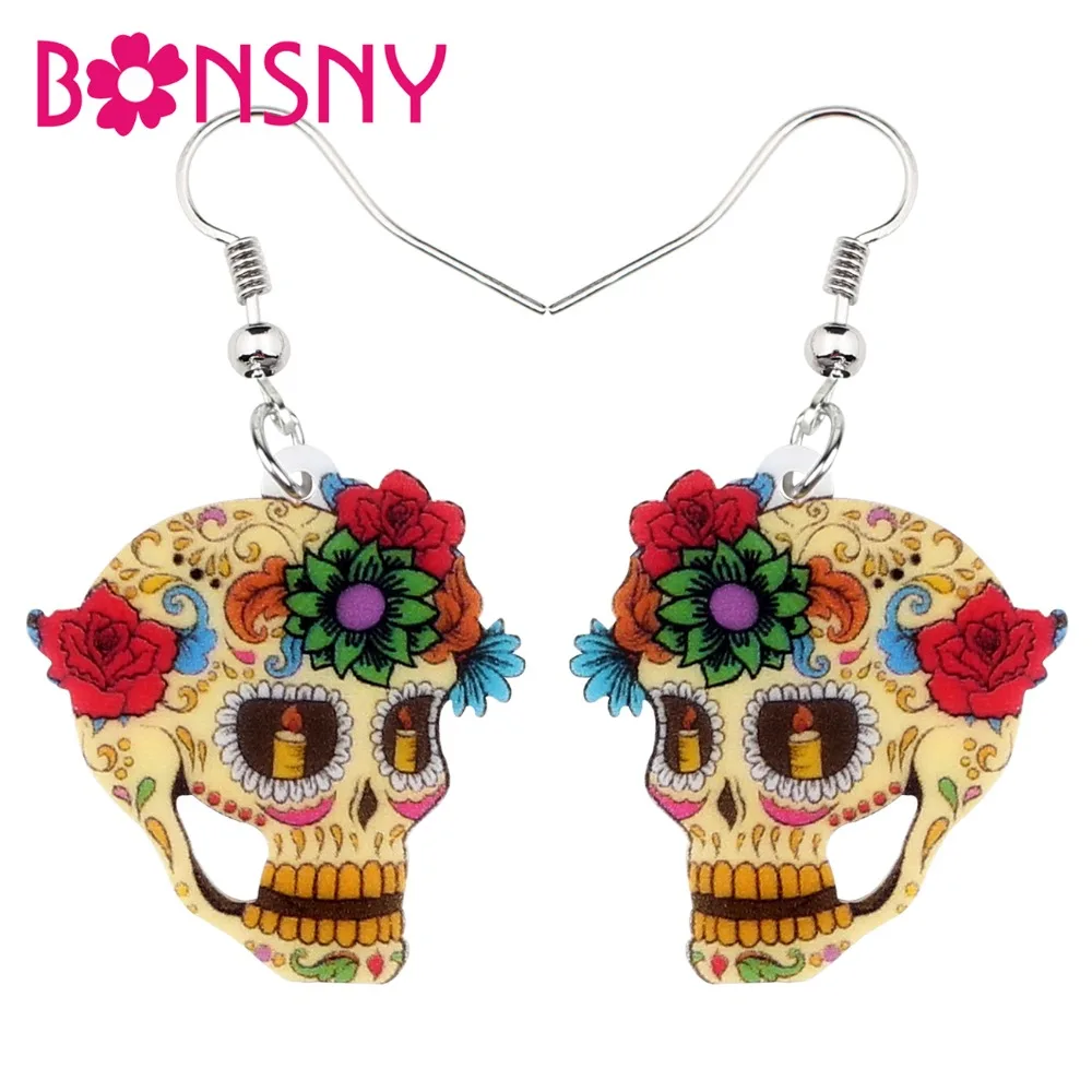 Bonsny-pendientes acrílicos con forma de calavera para mujer y niña, aretes colgantes con diseño Floral clásico de Halloween, joyería a la moda,