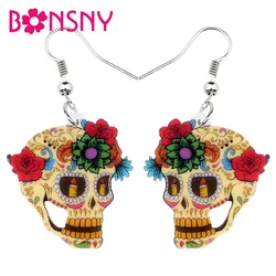 Bonsny Statement Acrylic Classic Halloween Floral Skull Earrings Dangle Drop New Fashion Jewelry For Women Girls Ladies Charms