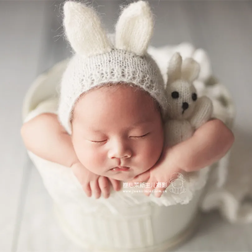 

Photography Hat Set Knitted Newborn Bunny Toy Crochet Rabbit Photo Prop Stuffed Baby Girl Boy Toy Set Infant Outfit Bonnet Gift