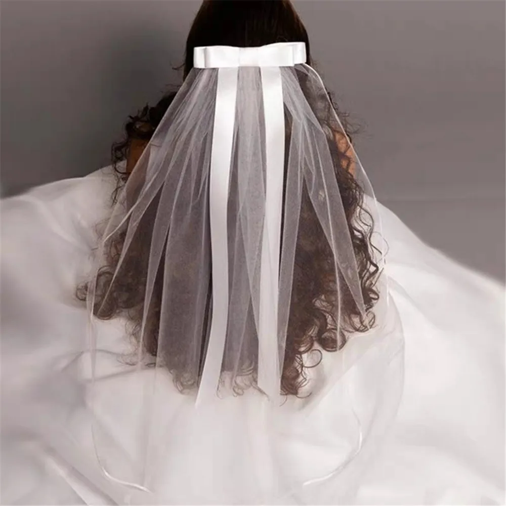 New White Ivory Kids Girls First communion Veils Tulle Bow with comb Appliques Wedding Flower Girl veil Voile Mariage Fille