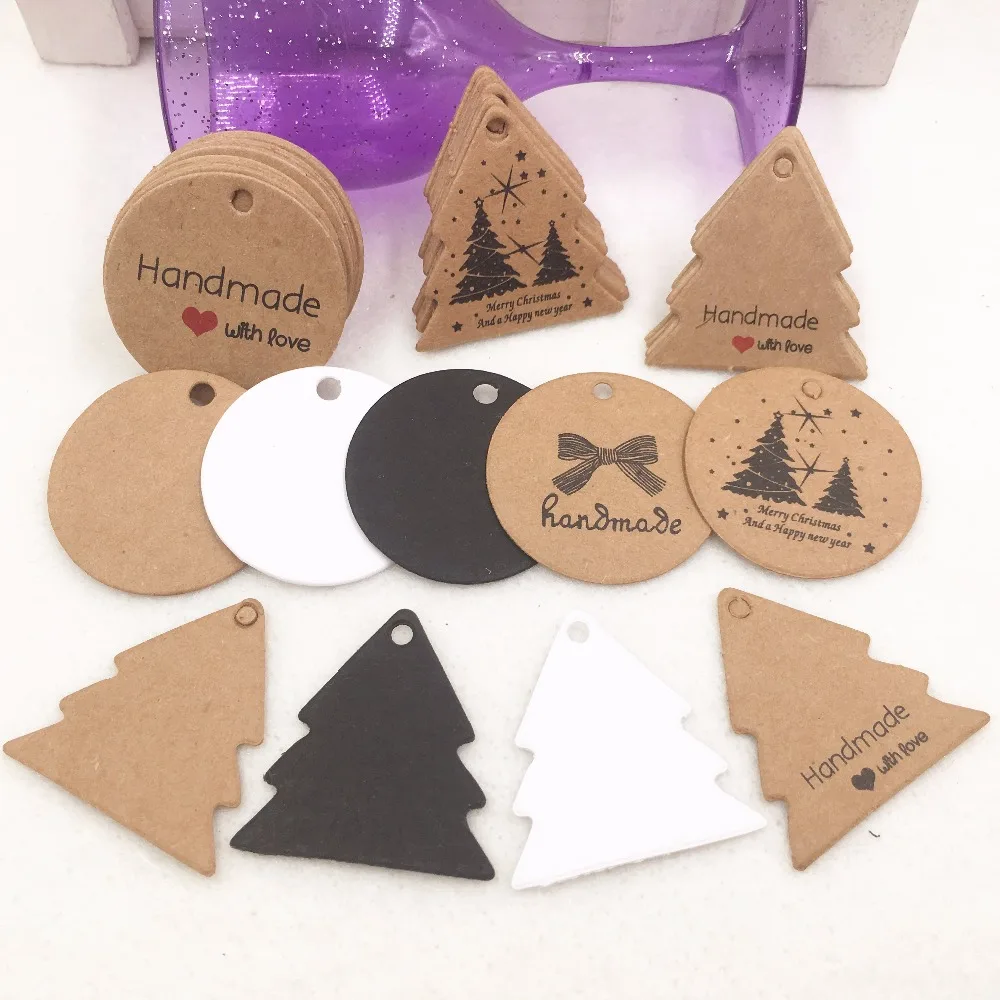 100pcs Kraft Paper Gift Boxes Tags Handmade With Love Christmas Gifts/Candy/Favors Decoration Packing Label, Note Price Tags