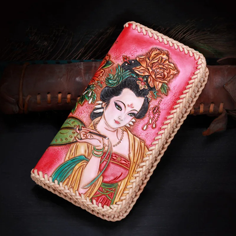 Genuine Leather Wallets Carving Chinese Ancient Beauty Zipper Knitting Bag Purses Women Clutch Vegetable Tanned Leather Wallet