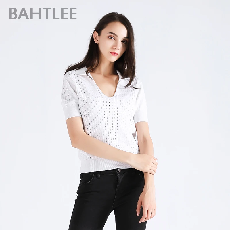 BAHTLEE-Women's Lyocell Knitted Sweaters, Short Sleeves, Ruffles, Turn-Down Collar, Pullovers, Jumper, Computer, Summer