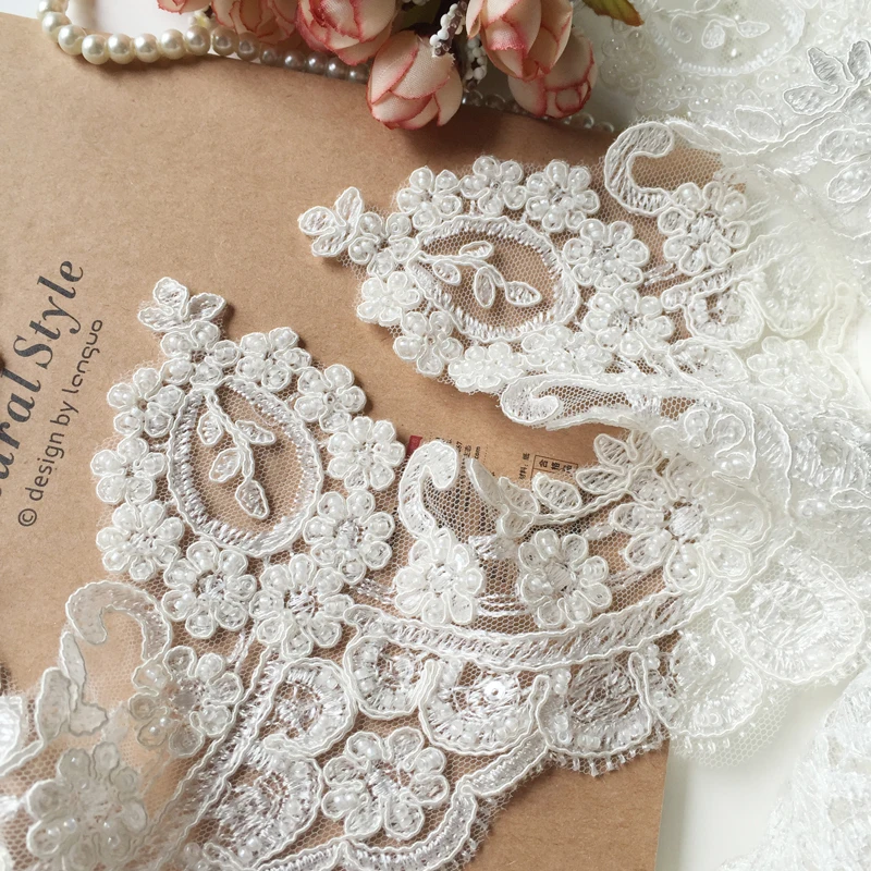 Ivory White Beading Wedding Dress Lace Trim, DIY Craft Materials, Clothing Accessories, 3Yards, RS93