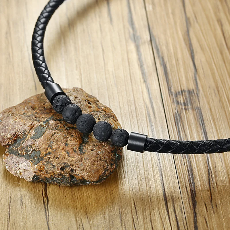 Black Genuine Leather Choker Necklace for Men Lava Stone Magnetic Closure Energy Power Male Jewelry