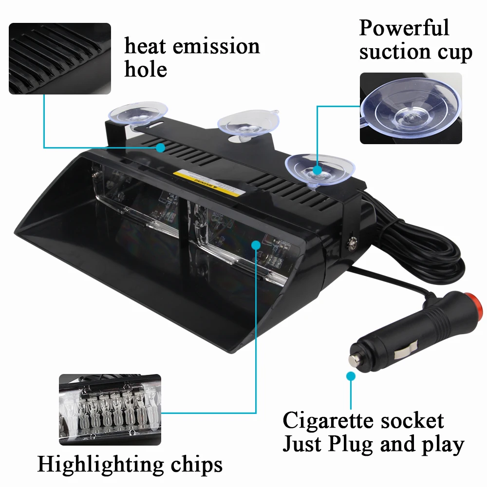 DC 12V Car LED Flashing Light S2 Suction Cup Police Lights 16LED Strobe Light 18 Flashing Mode 16LED Warning Light Signal Lamp