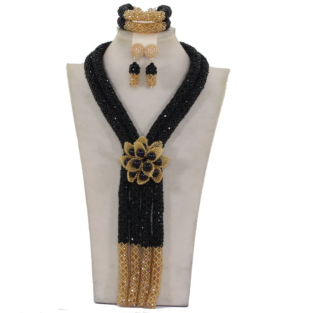 

2017 Indian Bridal Flower Statement Necklace Set Exclusive Long Black Gold African Wedding Beads Jewelry Set Free ShippingABH507