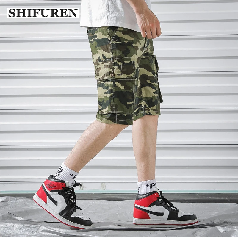 SHIFUREN Military Camouflage Shorts Men Multi-pocket Loose Causal Baggy Cargo Shorts Male Work Overalls Shorts Knee-Length