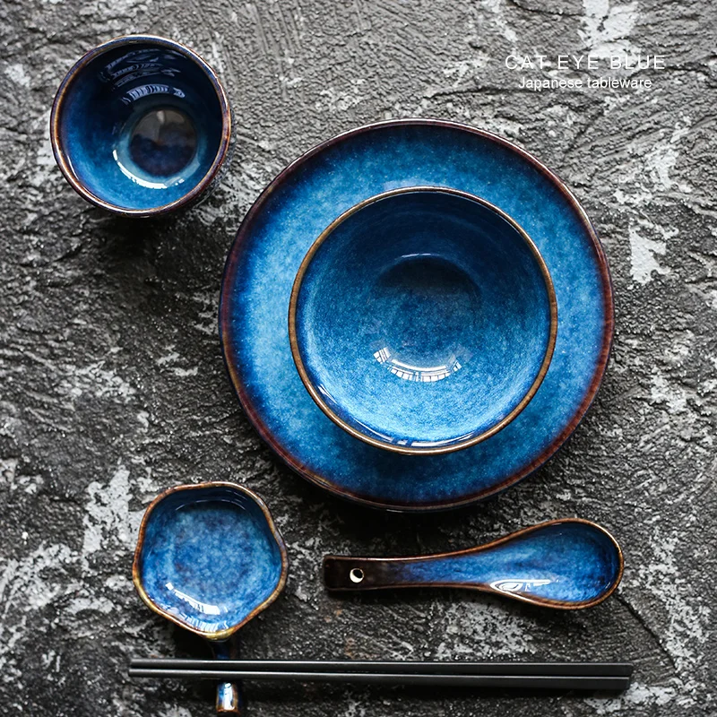 KINGLANG 5pcs /set  Cat Eye Blue Ceramic Tableware Set 1 Person Dinner Det Plate Bowl Cup Sauce Dish