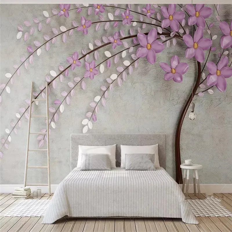 

Custom Mural Wallpaper Purple Tree Flowers Nordic Elegance 3d Stereo Tv Background Wall