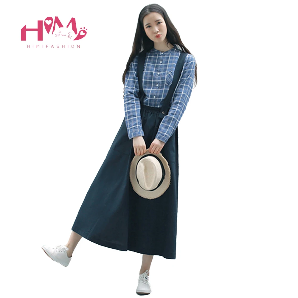 2020 Vintage Long Suspender Black Skirt For Women Japanese Preppy Maxi Linen Overalls Mori Girl Navy Female High Waist Skirts