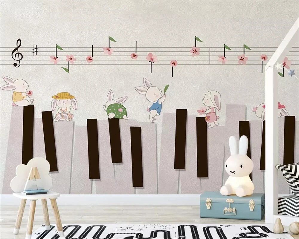 

Custom wallpaper hand-painted cartoon literary rabbit piano TV background children's room kindergarten 3d wallpaper