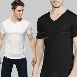 Gift! Men's 100% Silk Knitted V-neck T-shirts Shirts Top U.S. M L XL 2XL  Solid Black  White