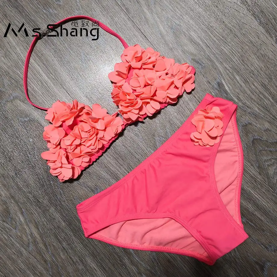 8-14 Years Children\'s Two Piece Swimwear Pink Baby Girl Bikini 3D Flower Girl Swimsuit Kids Teenager Girl Bathing Suit Swim Wear