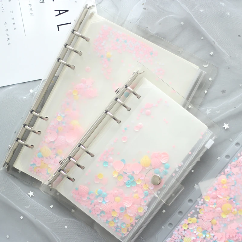 A5A6 Pink Shell Sequins Spiral Zipper Bag Divider Planner Accessories Diary Notebook File Storage bag For Filofax Dokibook