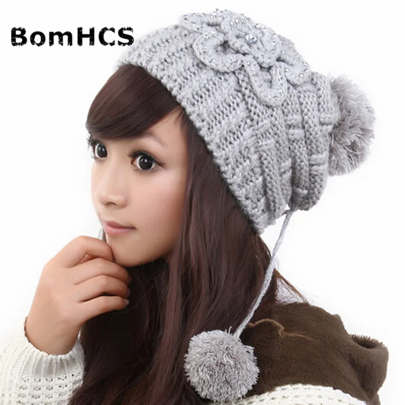 

BomHCS Women Lady Beanie Warm Knit Wool Hat Crochet Cap Autumn Winter Diamond Ear Muff Handmade Knitted Hat