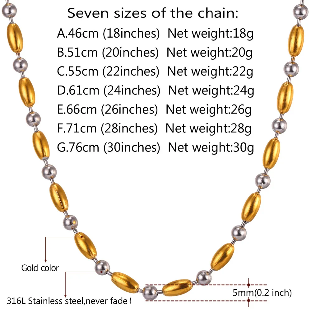 U7 Two Tone Stainless Steel Rice Beads Chain Necklace Choker 5MM Punk Hip Hop Necklaces For Women/Men Jewelry N1103 QC24