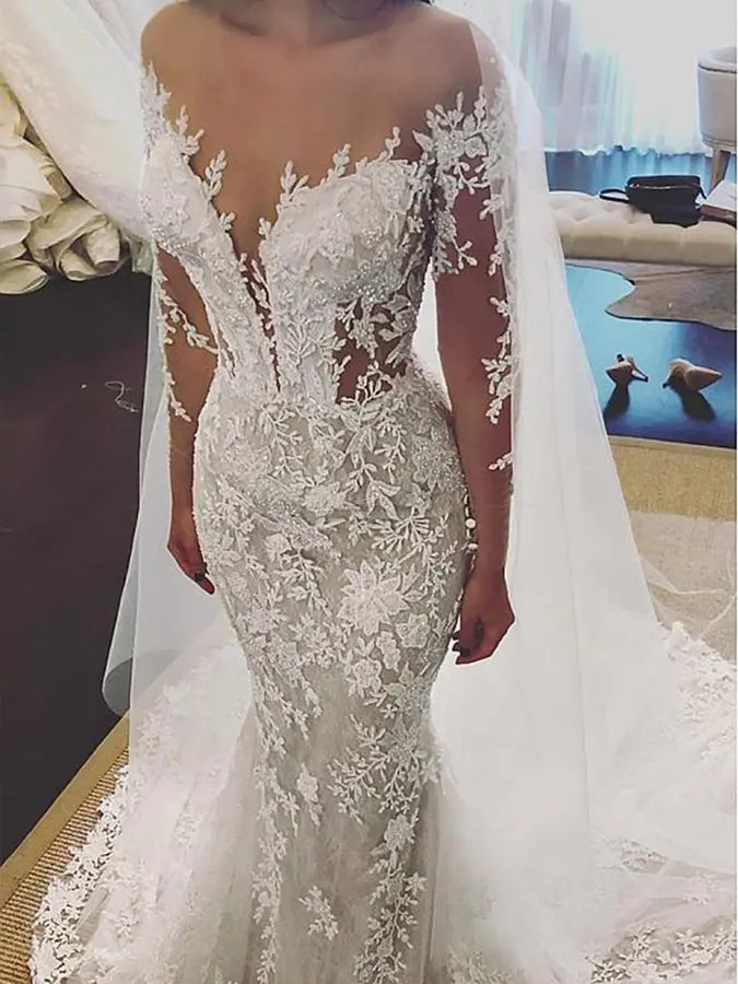 Ensotek – robe de mariée sirène en dentelle, dos nu, manches longues, Appliques de perles, col transparent, luxe, 2019