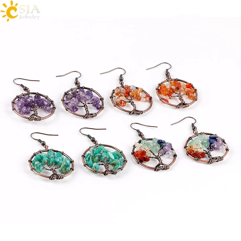 CSJA Wholesale Dangle Earrings for Women Round Tree of Life Ear Drop Natural Chip Stone Bead Reiki 7 Chakra Healing Jewelry E529