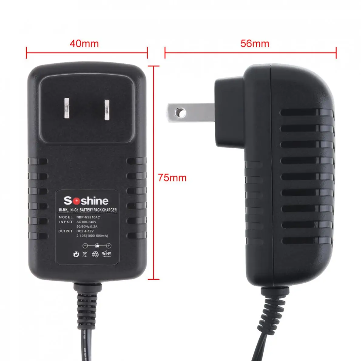 Soshine AC 100-240V 0.2A US / EU Plug DC 2.4 to 12V adapter Charger Universal 2.1 Power Adapter for Ni-MH Ni-Cd Battery Pack