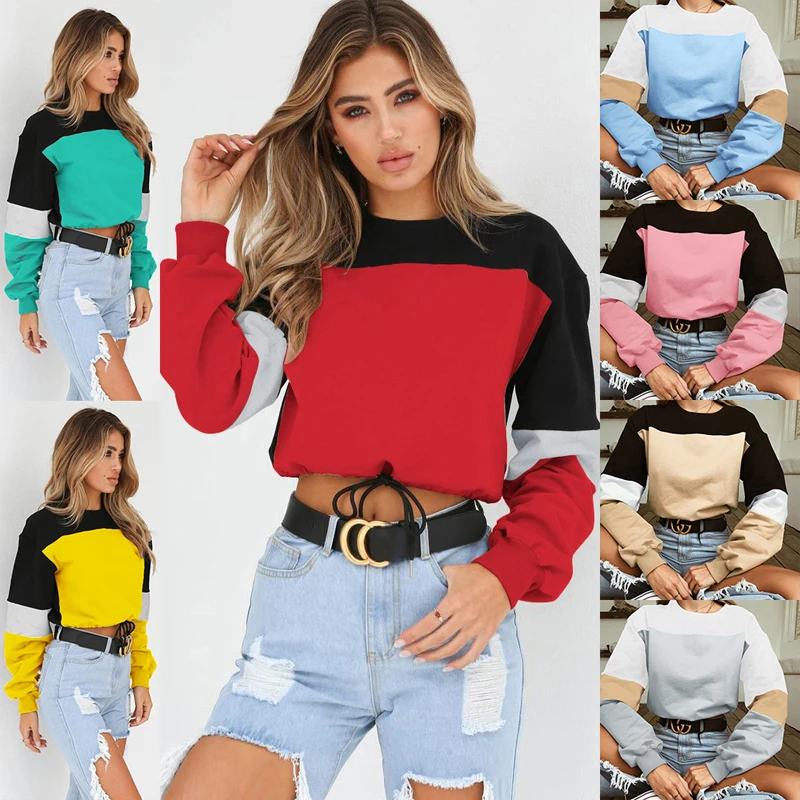 2019 New Fshion Seven-color Stitching Round Neck Tie Sweatshirt Women Pullover Loose Female Top