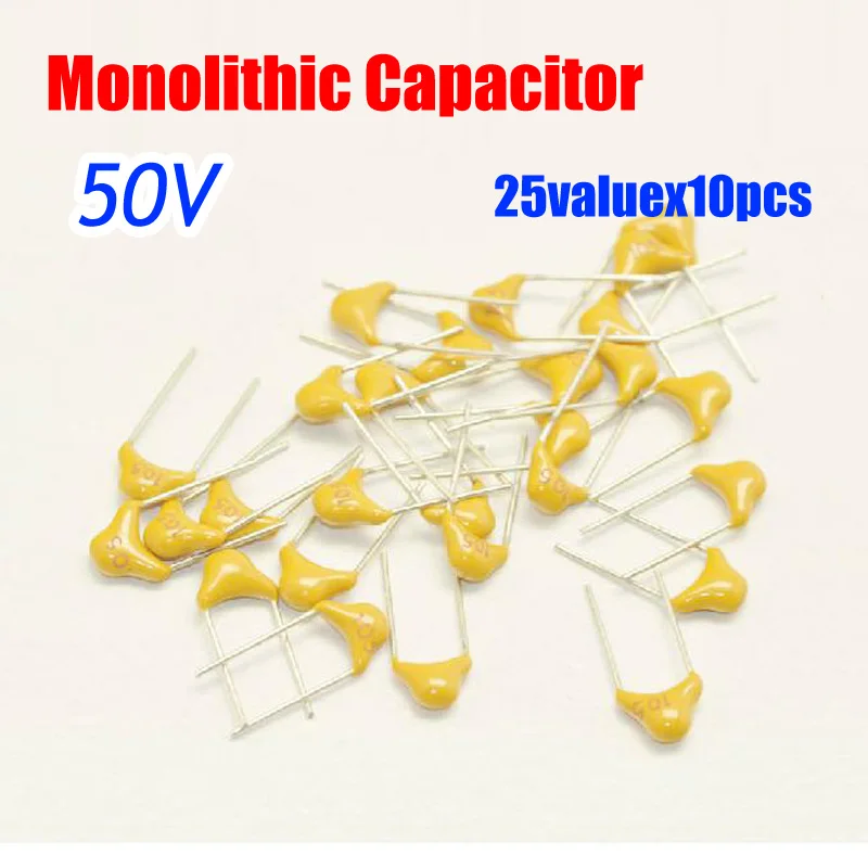 

50V 10pF-10uF MONO Capacitor 25valuesX10pcs=250pcs Monolithic Ceramic Capacitor 5.08mm