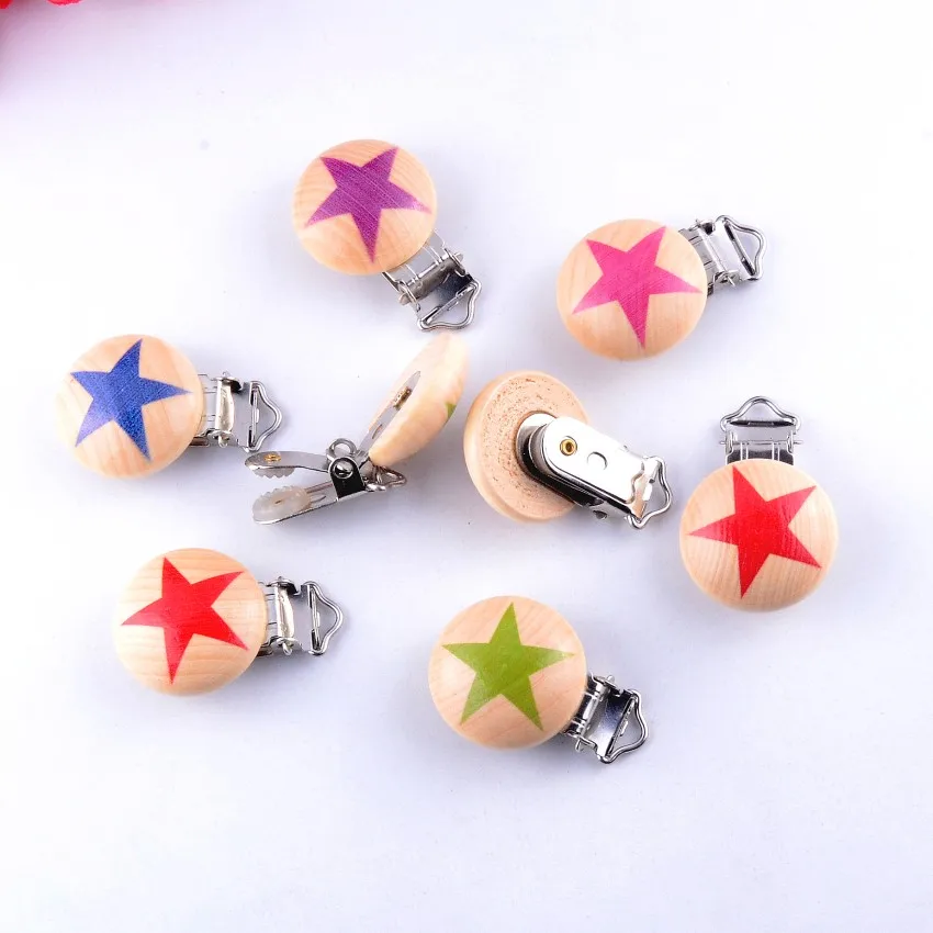 10PCs Baby Pacifier Clips Mixed Pattern Star Natural Wood Metal Holders Cute Infant Soother Clasps Funny Accessories 4.4x2.9cm