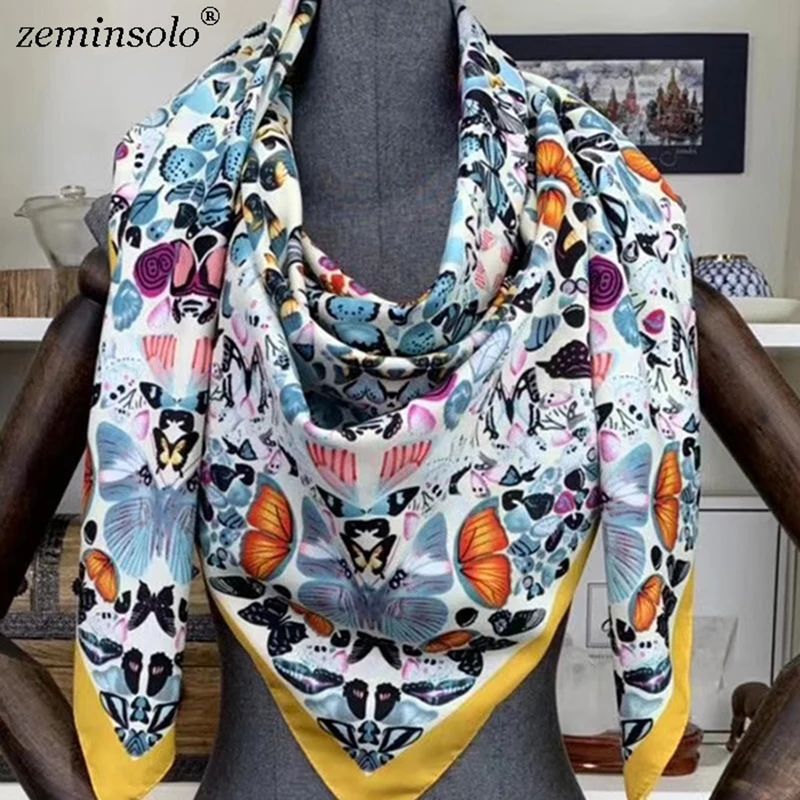 100% Silk Scarf Women Large Shawls Floral Printed Stoles Square Bandana Luxury Brand Kerchief Scarves Female Foulards 130*130cm