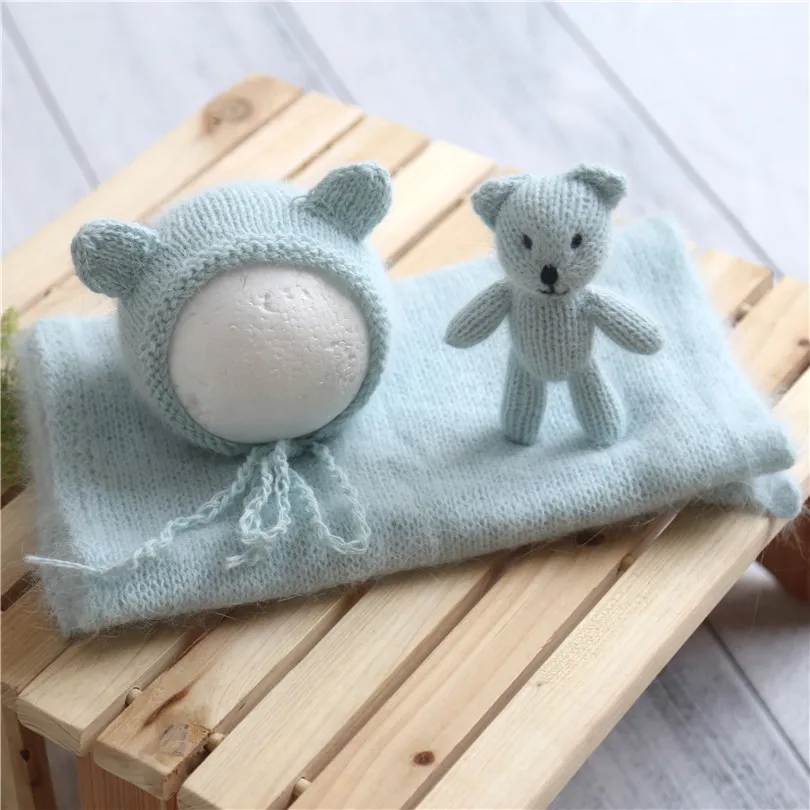 

Fluffy Baby Clothes Newborn Stretch Knit Wrap Teddy Bear Bonnet With Mathing Toy Full Set Photography Props Baby Stuffer Toy