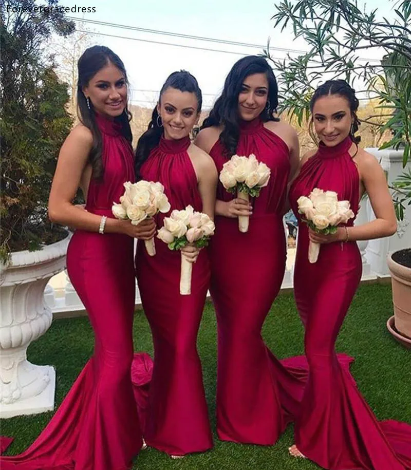 Red Long Bridesmaid Dresses 2019 Cheap Halter Neck Summer Country Garden Wedding Party Guest Maid of Honor Gowns Plus Size