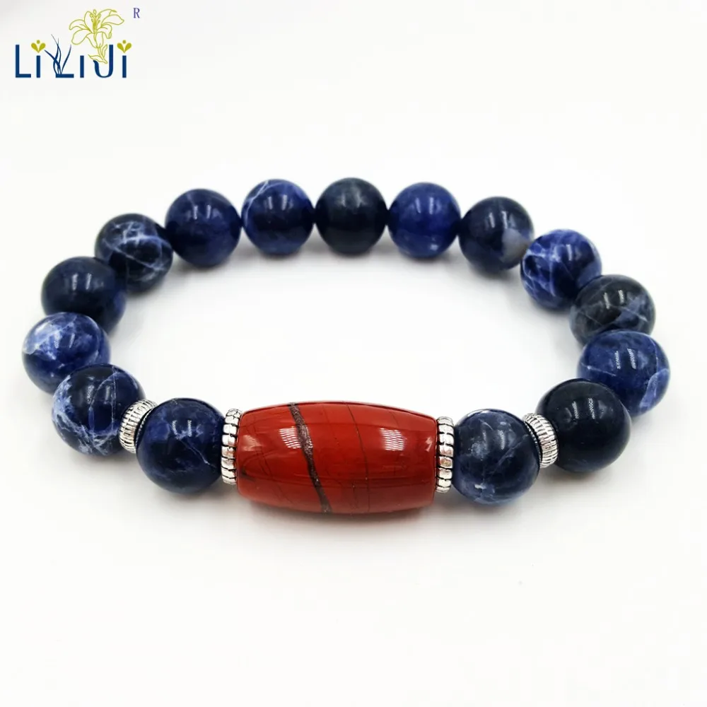 LiiJi Unique Natural Stone Blue Sodalite 12mm Red Jaspers Charm Fashion Men Bracelet Approx 21cm/8.25inches