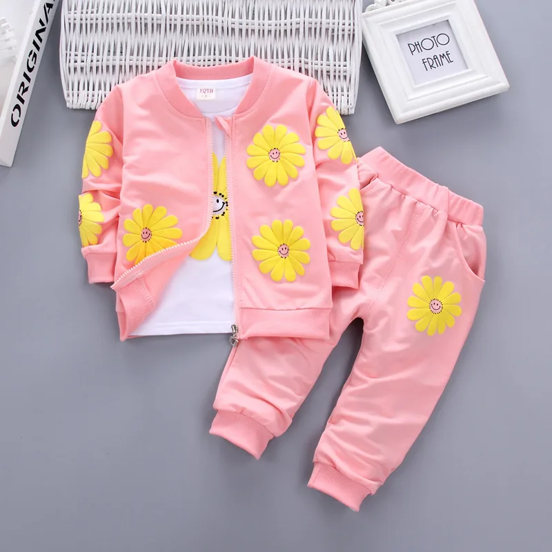 Spring Autumn Baby Girl Cotton Sport Suit Toddler Kids Clothes Children Infant Flowers Hoodies Jacket Trousers Pant Casual Set