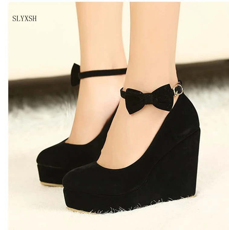 New hot Women High Heels Shoes Plus Size Platform Wedges Female Pumps Elegant Flock Buckle Bowtie Ankle Strap Party Wedding Shoe