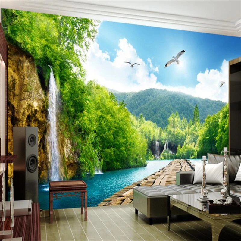 

wellyu papel de parede Custom wallpaper Landscape waterfall wooden bridge 3D landscape background wall background painting