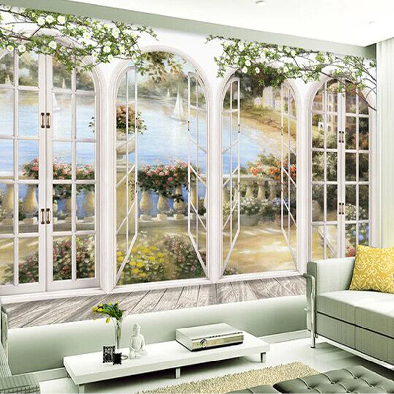 Custom 3D Stereo Window Views Garden Pool Photo Wallpaper Living Room Bedding Room Landscape Wall Decor Embossed Paper Wallpaper