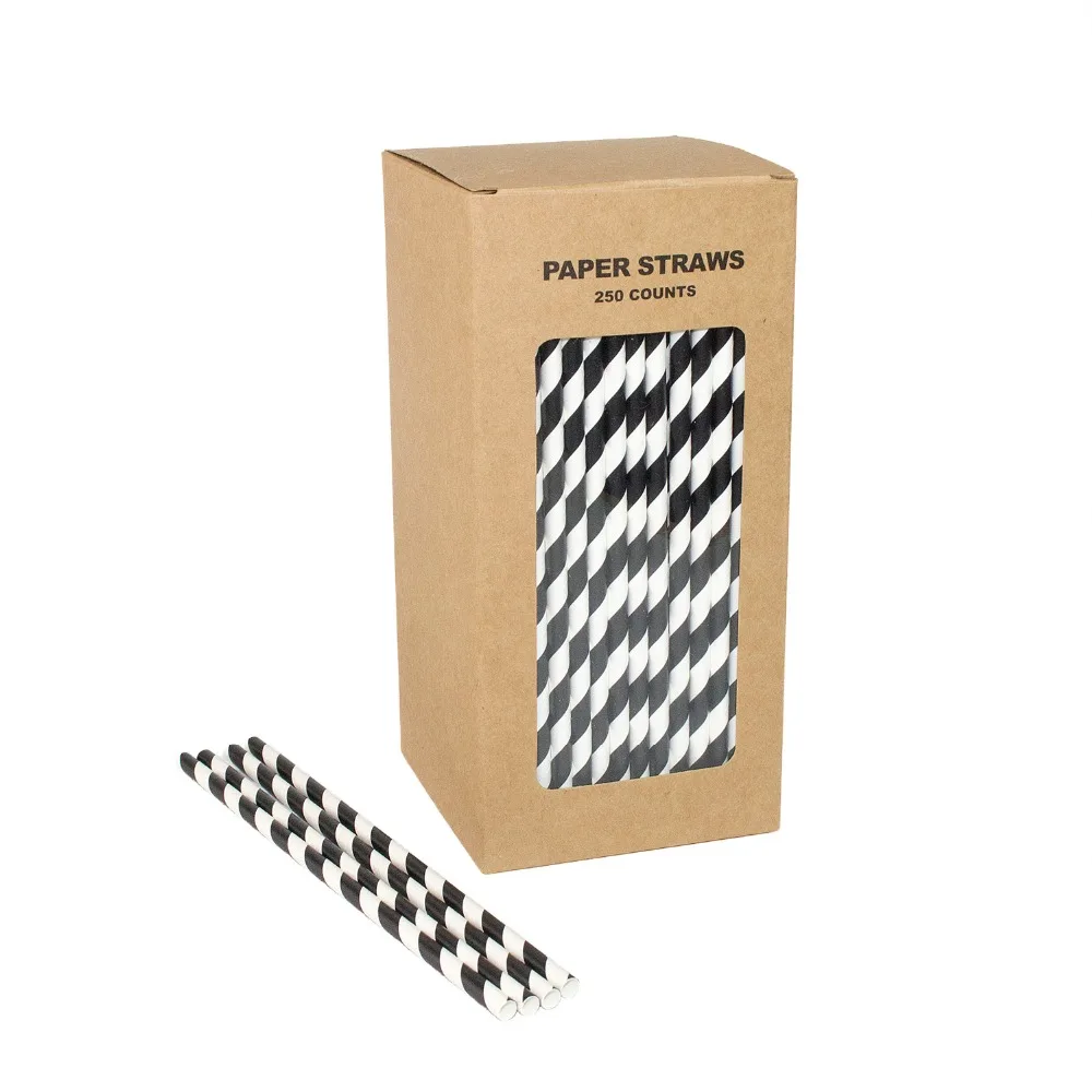 

Free Shipping 100% Biodegradable Paper Straws For Birthday Party, Cheap Striped Paper Straws Black Straws 250 Counts Box