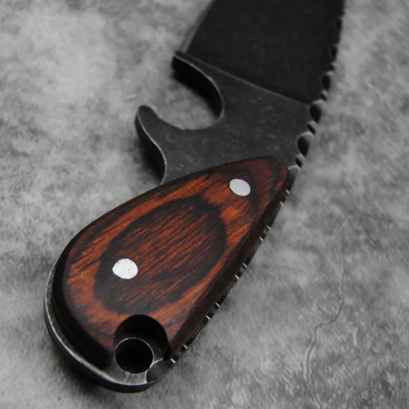 DEHONG Stone wash D2 steel Japanese straight knife, sandalwood handle outdoor hunting tactics straight knife + knife sleeve