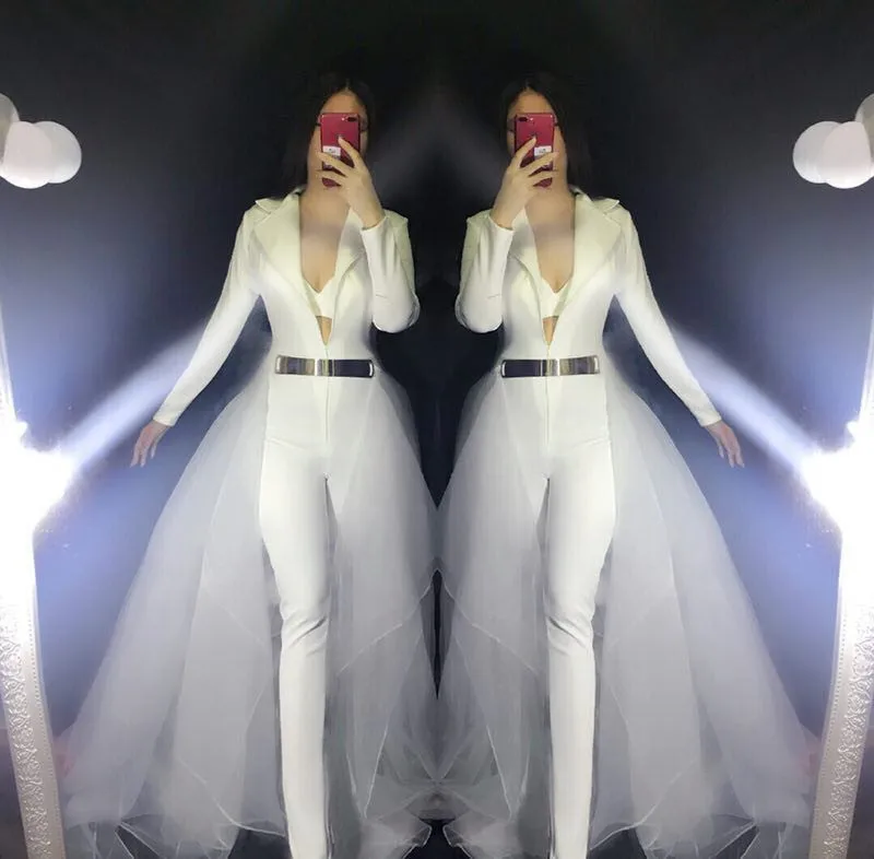 Traje de fiesta para discoteca, cantante femenina, bailarina, Jazz, DJ, DS, mono de actuación, Bar, fiesta, espectáculo, traje de escenario, peleles ajustados sexys blancos