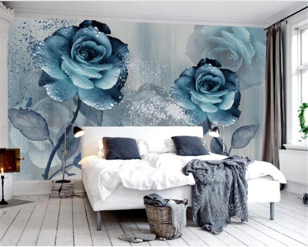 Custom size mural water rose blue background wall painter house decorative living room bedroom decorative painting 3d wallpaper