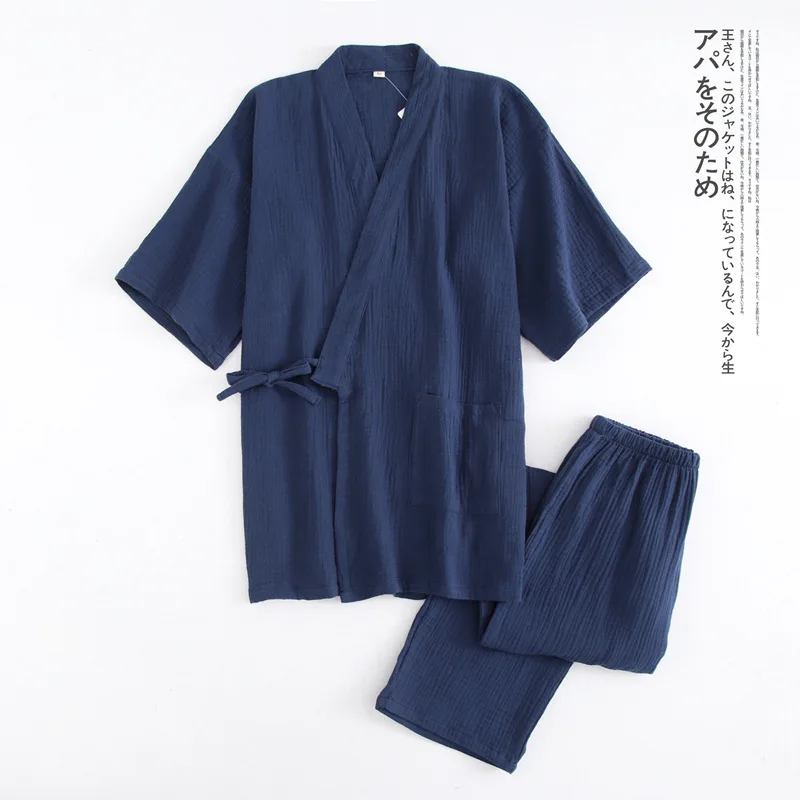 New Crepe Cotton Thin Solid Pajamas for Men and Women Short Short-sleeved Trousers Kimono Pijamas Suit Summer Sleepwear Pj Set