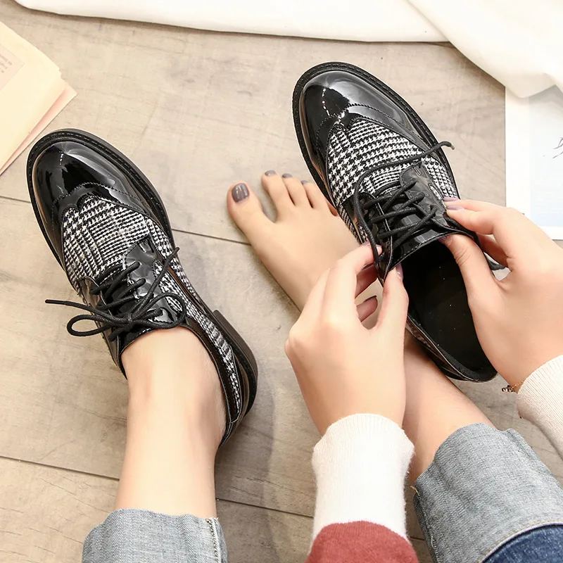 japanned leather plaid cross-tied oxford shoes woman creepers platform shoes female footware shoes retro leather derby shoes