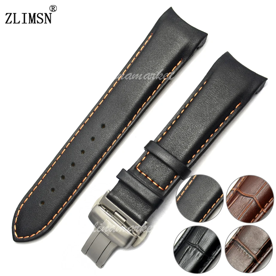 Smooth Watchbands Black Brown Leather Watch Band Straps Orange Stitched Curved Watchbands Men 22 23 Belt Metal Buckles T035