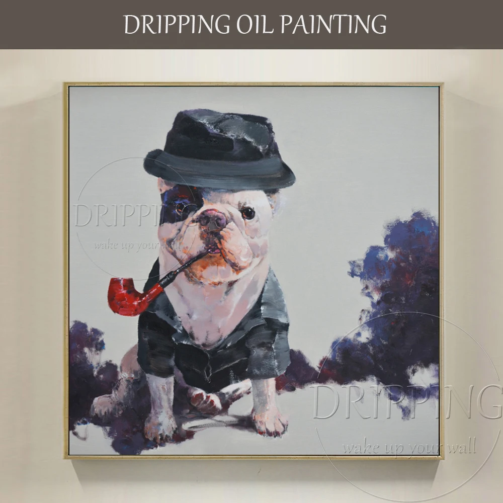 Artist Hand-painted Funny Design Animal France Bulldog Oil Painting Gentle Bulldog With Cigar Oil Painting for Living Room Decor