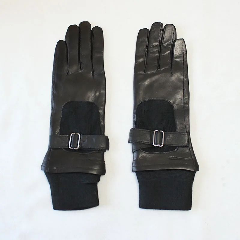 Guantes cálidos de piel de cabra para mujer, manoplas acanaladas extendidas con forro polar, resistentes al viento y al frío, para invierno