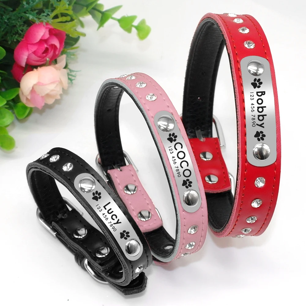 Customized Rhinestore Dog Collars Padded Personalized Dogs ID Collars For Small Medium Dogs Cats Puppy Kitten Pink Red Black